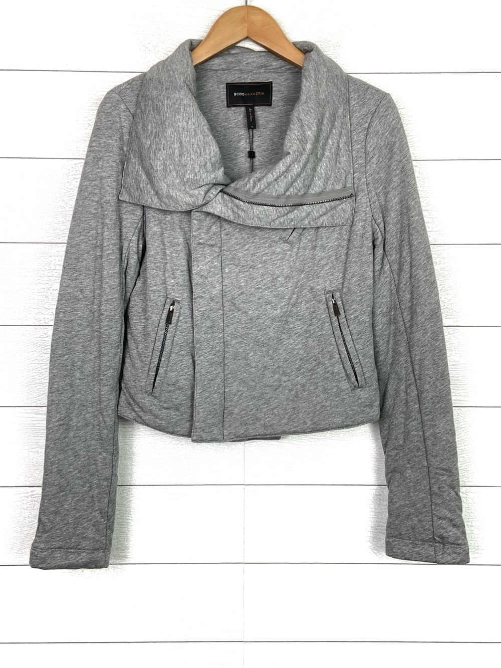NWT BCBGMaxAzria Plush Knit Asymmetric Moto Jacket Heather Grey Gray Medium New